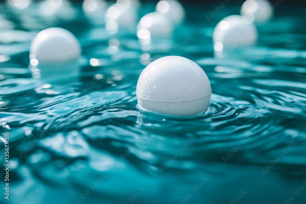 Poster Floating white orbs create a tranquil atmosphere in a serene pool during a sunny day in late afternoon light