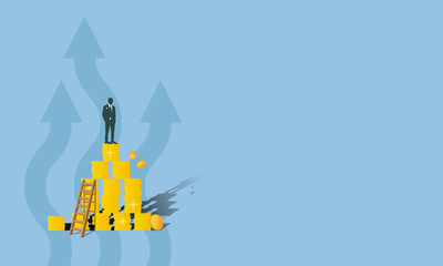 A businessman stands on gold coins and sees
the success of his business, an increase in profits.  
The financial concept of making a profit.
 Vector illustration