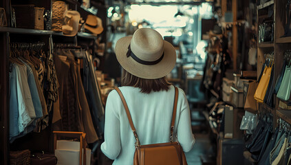 A Shopper's Journey: A woman explores a vintage clothing store, drawn in by the array of stylish garments. The image depicts the delight of browsing, the hunt for treasures.