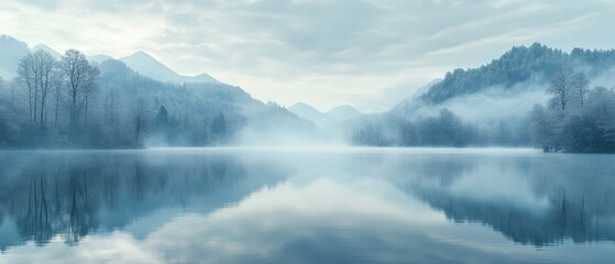 Fototapeta premium Serene Lake Reflection of Misty Mountains and Forest Trees in Winter Landscape with Cold Blue Tones and Atmospheric Fog
