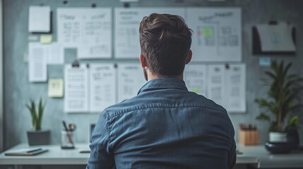 Fototapeta premium Focused man standing with his back to the camera, planning his work sessions on a whiteboard with notes and calendars in the background, business professional mapping out ideas on a whiteboard.