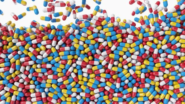 Pills capsiles falling down. Piles, antibiotics, capsules drooping and stacking. Capsule pills raining down and fill in the screen. Medicines 4k animation with alpha channel mask.