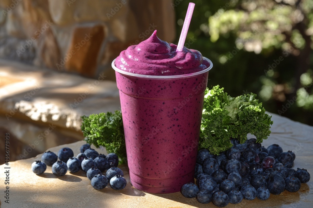 Poster refreshing berry smoothie blend served in a cup with fresh ingredients on a stone surface near green