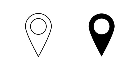 Fototapeta premium Two location pin icons in black outline and solid fill. Represents navigation, GPS, mapping, travel destinations, positioning, and location services. Vector illustration