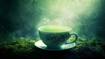 Enchanted Emerald Tea Cup Resting on Mossy Ground with Ethereal Light and Mystical Vibe