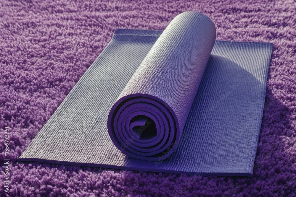 Poster yoga mat rolled up on a textured purple surface in a serene indoor environment for relaxation and ex