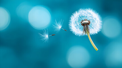 Dandelion seeds blowing in blue background used for freedom-themed visuals, nature branding, wellness ads or creative concept compositions. Selective focus