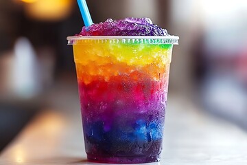 Rainbow ice drink in a plastic cup on a table with blurred background.