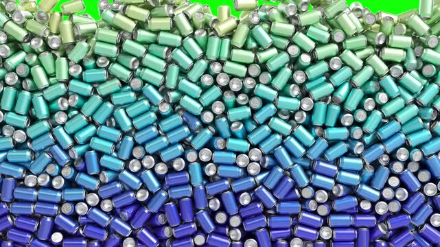 Mix of shiny aluminum soda cans falling down and filling the reen screen. Cold colors gradient of beverage cans flying down. Colorful soda cans mixture background pattern texture with chroma key.