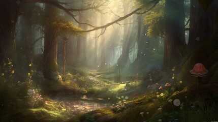 Fototapeta premium Enchanted Forest Path with Mushroom Illumination and Sunlit Canopy Creating Magical Atmosphere