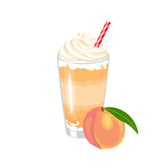 Peach smoothie in glass isolated on white. Tropical fruit milkshake. Vector cartoon flat illustration