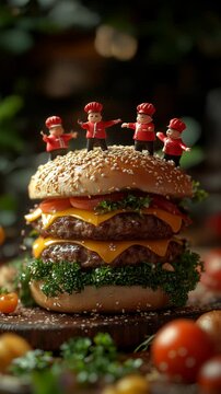 Creative food presentation features a stacked burger with miniature chefs in a vibrant setting. Ideal for Social Media, Stories, Advertising