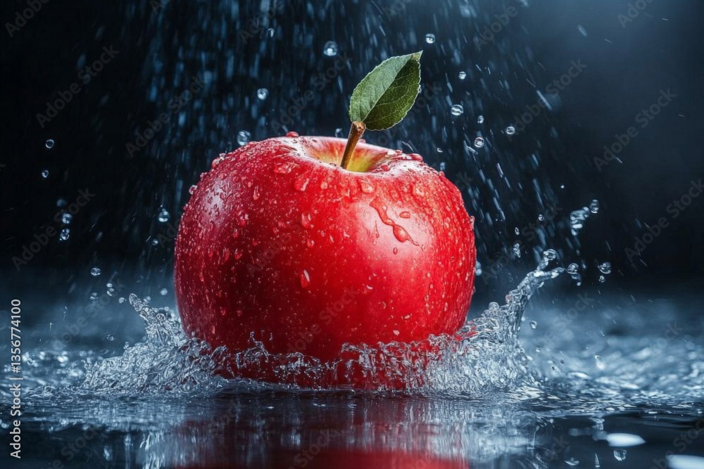 Poster Red apple splashing in water with droplets against a dark background in a creative still life setting