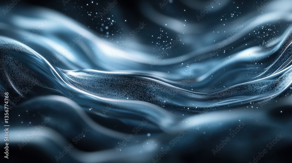 Poster Ethereal shimmering surface of blue abstract waves with sparkling light in soft dynamic folds