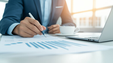 Professional analyzing financial charts on laptop, drinking coffee at desk, displaying strategic corporate data analysis and business planning