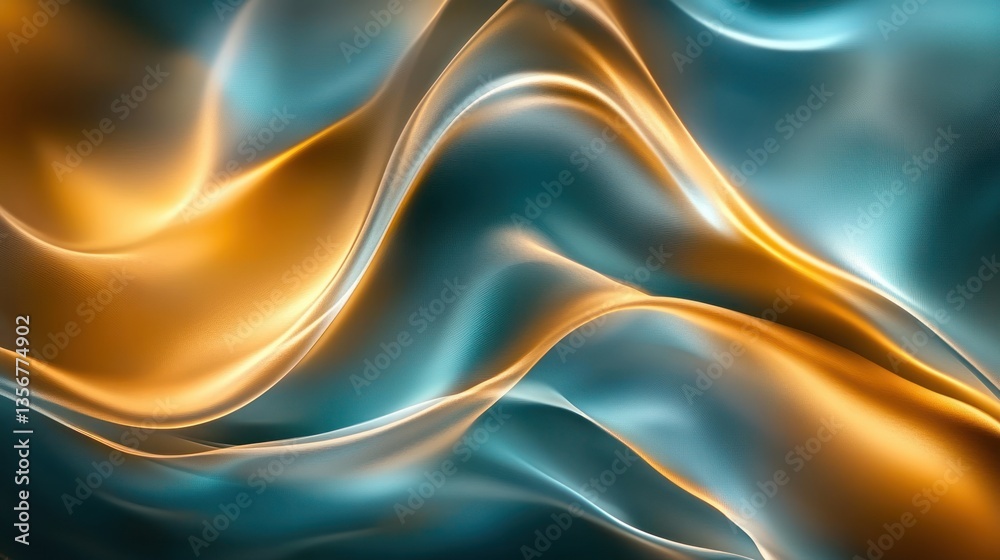 Poster abstract fluid art design with shimmering golden light on gradient turquoise background smooth and o