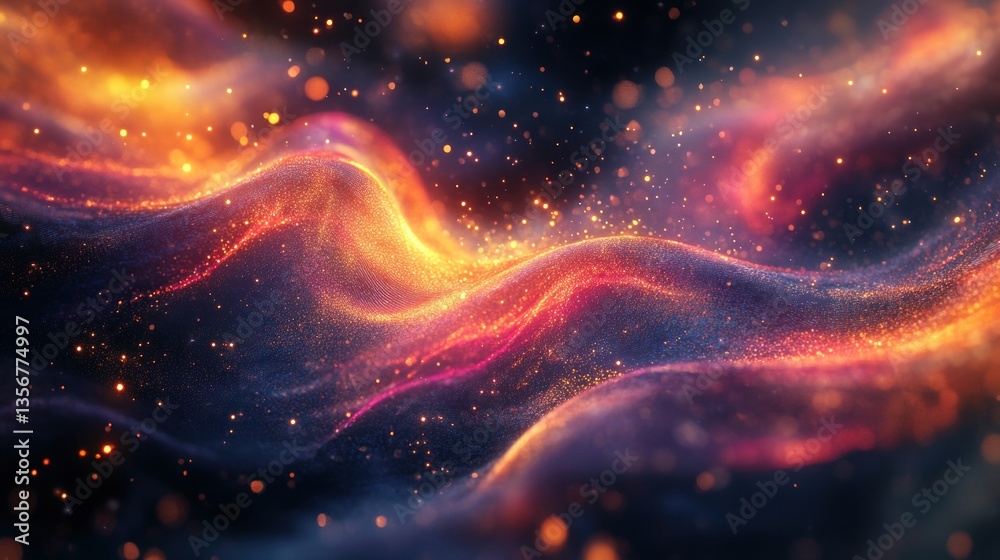 Poster Abstract sparkling particles on flowing surface with bright vibrant colors and dynamic background