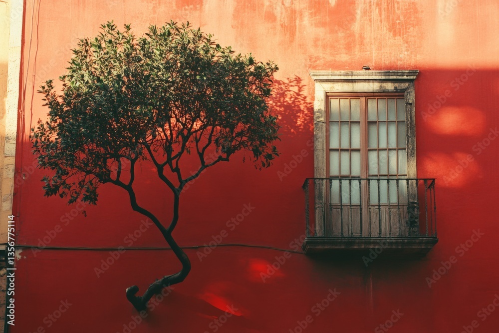 Poster red wall with tree and balcony creates striking contrast in urban setting during late afternoon ligh