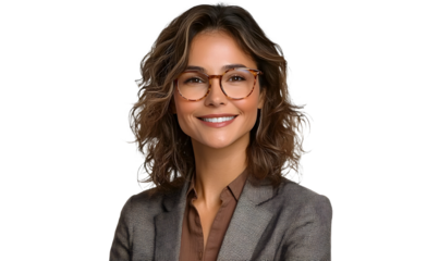 Portrait of a beautiful, smiling businesswoman in a suit, wearing glasses, isolated on transparent background