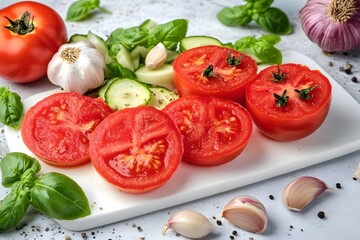 Juicy Sliced Tomatoes, Cucumbers, Garlic, and Basil on White Board