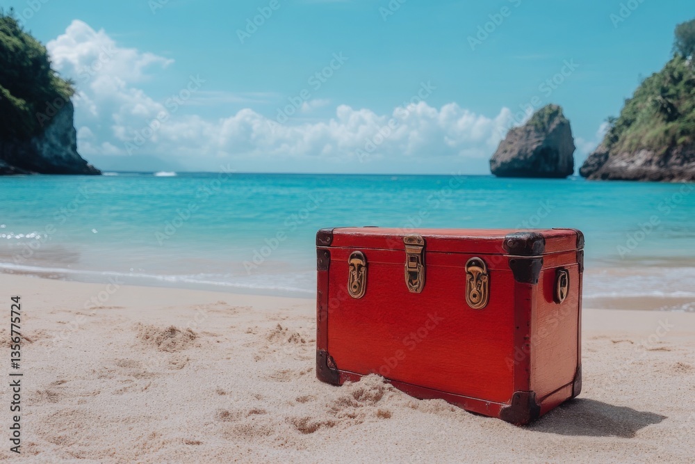 Poster red vintage trunk on a serene beach with clear blue water and distant cliffs during a sunny day