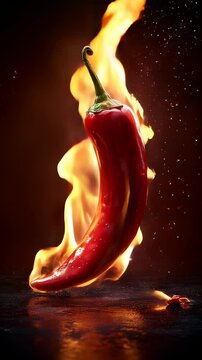 Fiery red chili pepper dancing in flames during a culinary preparation. Ideal for Social Media, Stories, Advertising