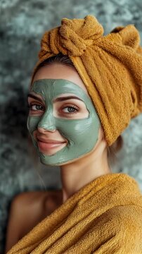 Relaxing skincare routine with green mask application at home in serene atmosphere. Ideal for Social Media, Stories, Advertising