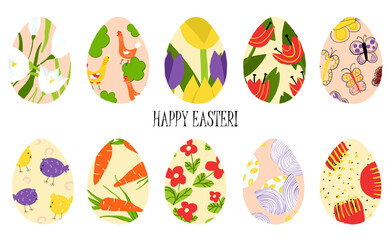 Set of hand drawn easter egg clipart. Set of colorful decorated easter eggs with flowers, carrots, chickens, butterflies, geometric and seasonal patterns. Flat illustration style. Easter celebration 