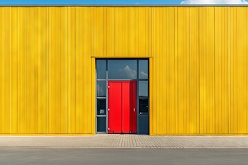 Bright yellow building exterior with a striking red double door during daytime