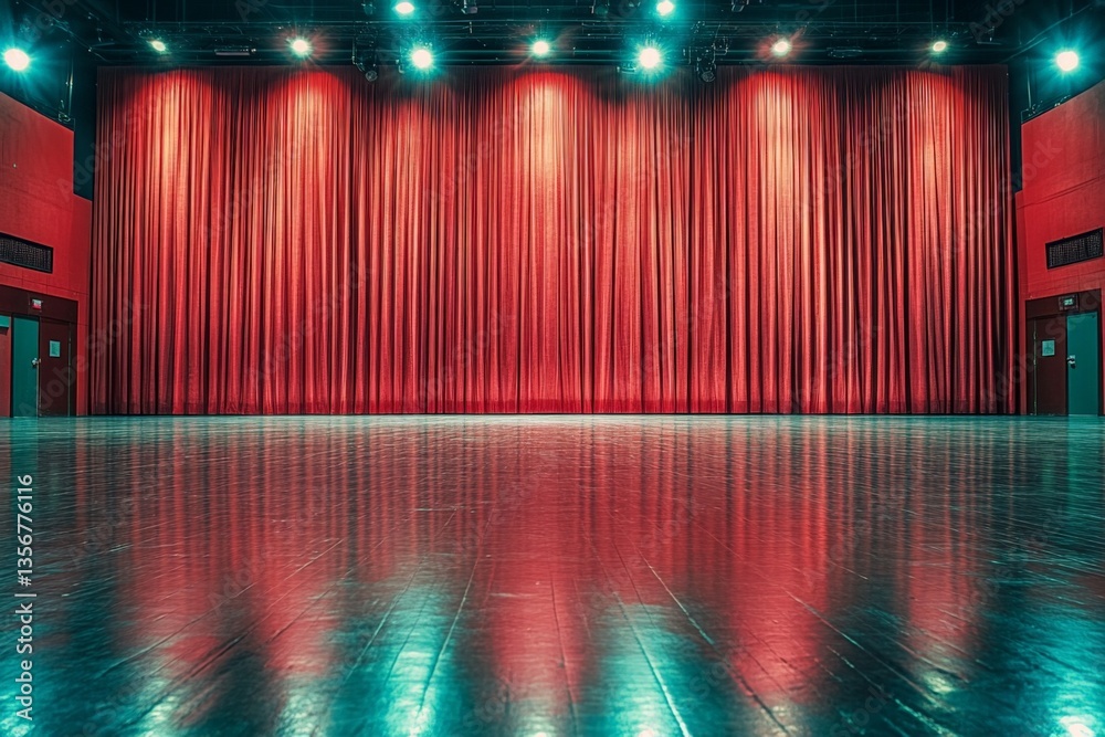 Poster the vibrant stage awaits performers in an empty theater with a red curtain and polished floor under 