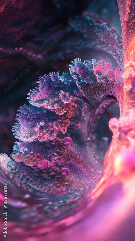 Poster abstract fractal structure in shades of pink purple and blue a digital rendering of a fantastical wo