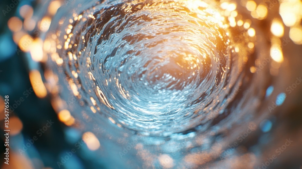 Poster swirling stream of crystal clear water with golden light abstract view fluid movement liquid motion