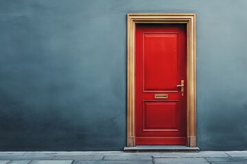 Bright red door with golden frame against a gray wall creates a striking visual contrast in an urban setting