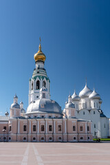 View of the Vologda Kremlin. St. Sophia Cathedral, bell tower and Resurrection Cathedral on a clear summer day. Historical landmark of the city of Vologda.