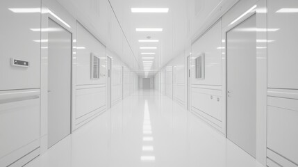 Minimalist white hospital hallway with bright lighting and sleek design