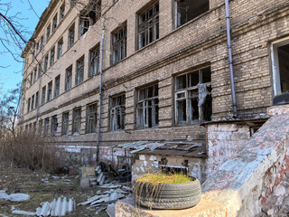 destroyed and burned houses in the city in Ukraine