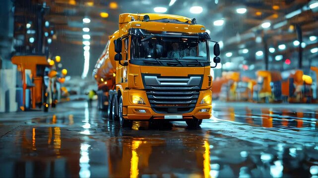 Large fuel truck parked inside a brightly lit warehouse during rainfall, with reflective wet floors and industrial ambiance