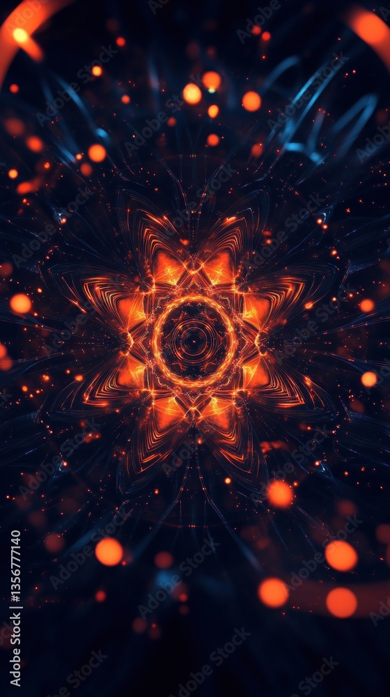 Poster abstract fiery fractal with intricate radial design and vibrant orange light on dark background, mes
