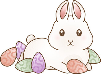 White bunny with easter eggs and crocus flowers.