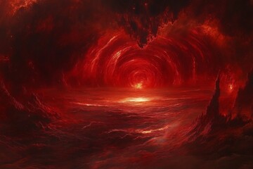 Fototapeta premium Stunning cosmic landscape with swirling red clouds and glowing horizon at twilight