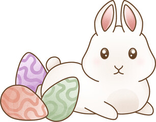 White bunny with easter eggs and crocus flowers.
