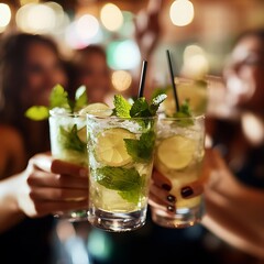 Group of friends raising glasses with mojitos cheers image