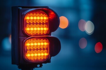 Traffic light displaying amber signal at dusk in an urban setting with blurred city lights in the background