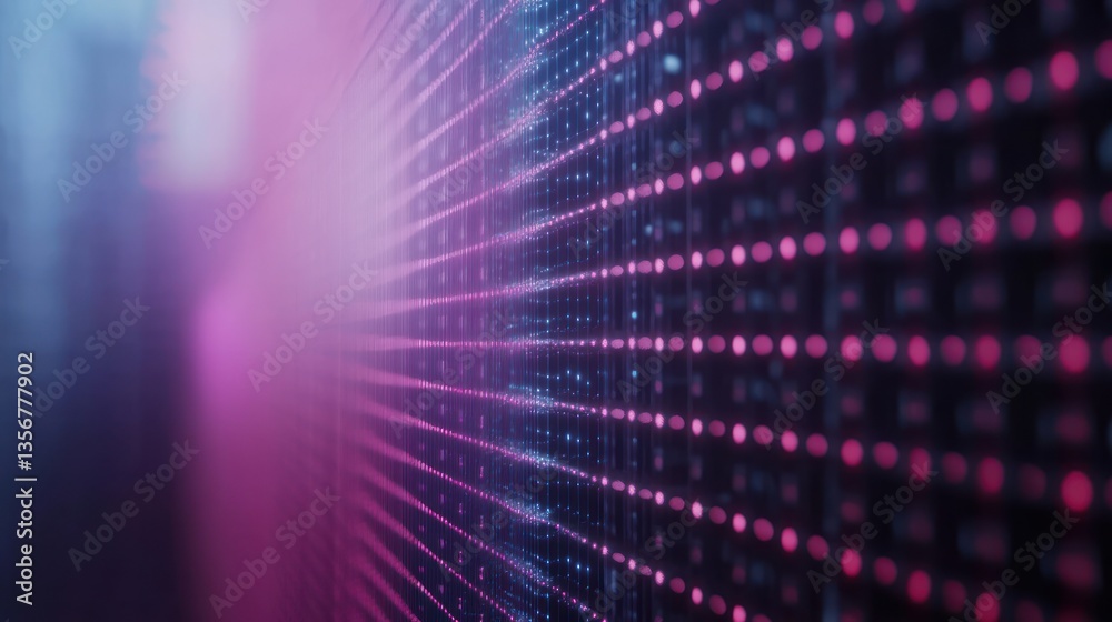 Poster Futuristic network grid with glowing dots and lines against a vibrant gradient background tech vibes