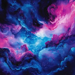 Bright neon magenta and cyan clouds, bold and dynamic with fluid glossy patterns