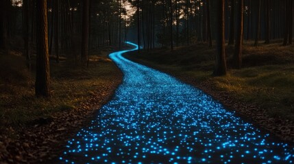 Bioluminescent Road Through Forest at Dusk