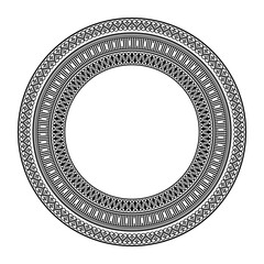Circular ornament in ethnic style. Design with abstract pattern. Circle frame. Template for printing postcards, invitations, books, textiles, porcelain, embroidery, engraving, forging. Black and white