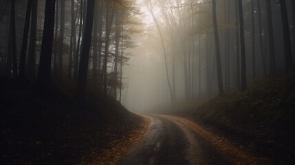 Naklejka premium Forest Path Through Misty Woods A Serene Journey into the Heart of Nature s Enigmatic Embrace