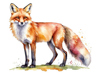 Obraz premium Colorful full-body fox illustration in watercolor style, PNG. Isolated background transparent 