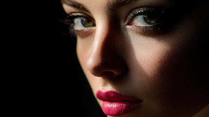 Fototapeta premium A model with bright pink lips, half-shadowed face, exuding elegance and mystery in dramatic lighting.